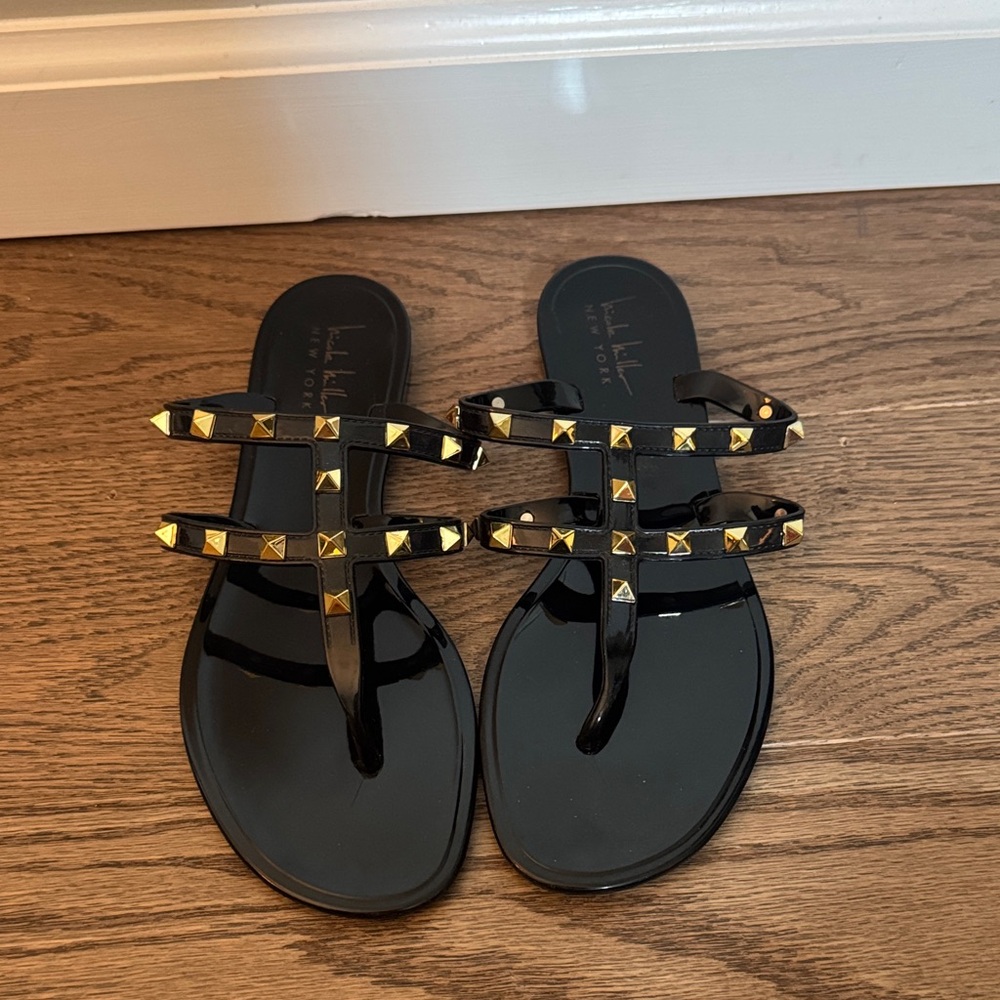 Nicole Miller Black Sandals with Gold Studs